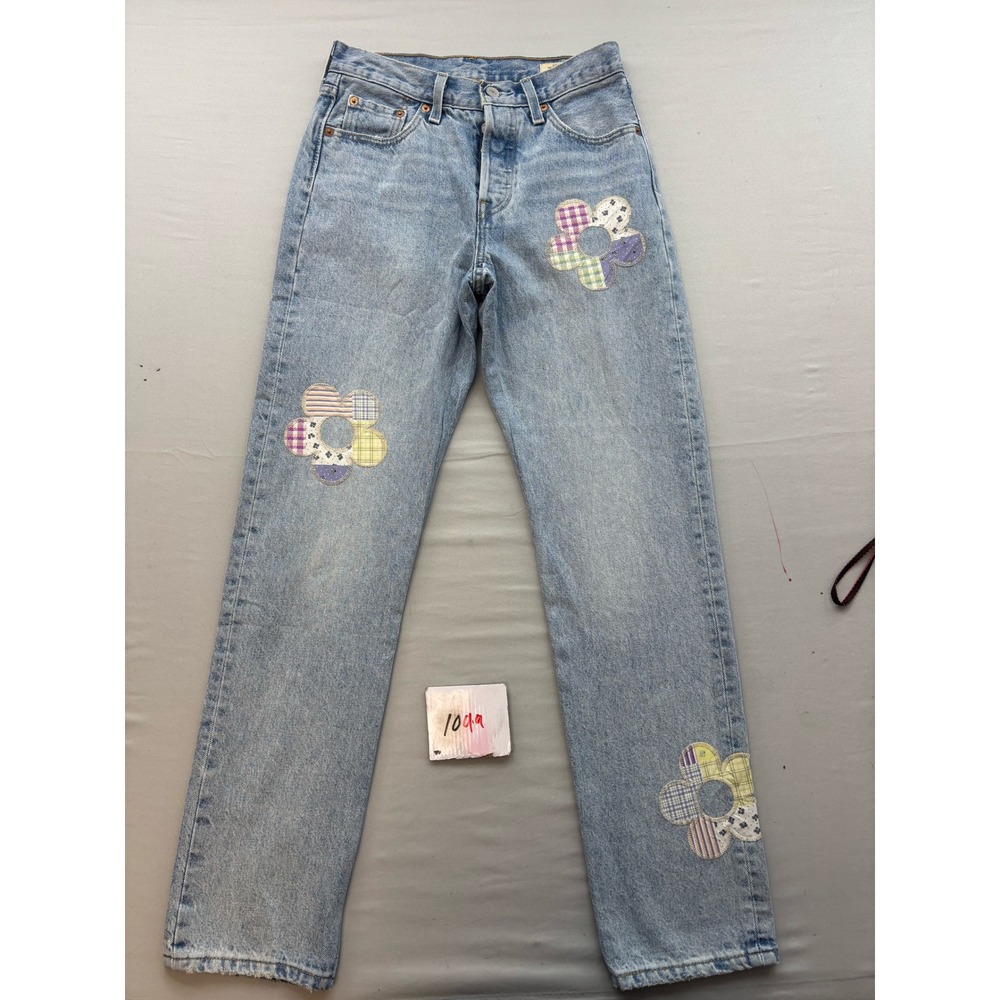 Levis 501 150th Anniversary Floral Patchwork Straight Leg Jeans Light Wash W25